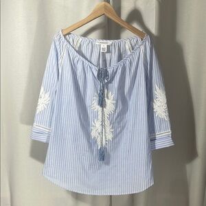 Workshop Republic Clothing Blue with White embroidery, Tie Front Blouse